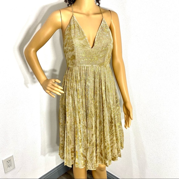 Sam Edelman Gold Metallic V-Neck pleated dress XS - Picture 10 of 15